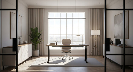 An elegant and modern office interior with large windows.