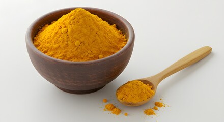 Turmeric Powder in Bowl and Spoon on White Background - Close Up