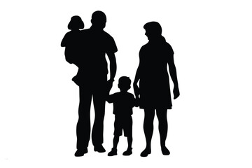 Silhouette of a family with two children standing together happily