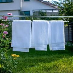 Modern outdoor laundry drying rack with crisp white towels hanging in sunlit backyard setting ideal for homecare and lifestyle content