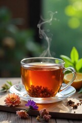A steaming cup of herbal tea, accompanied by dried flowers and herbs, ready for a relaxing and purifying cleanse Perfect for wellness, detox, and healthy lifestyle content , calming, organic