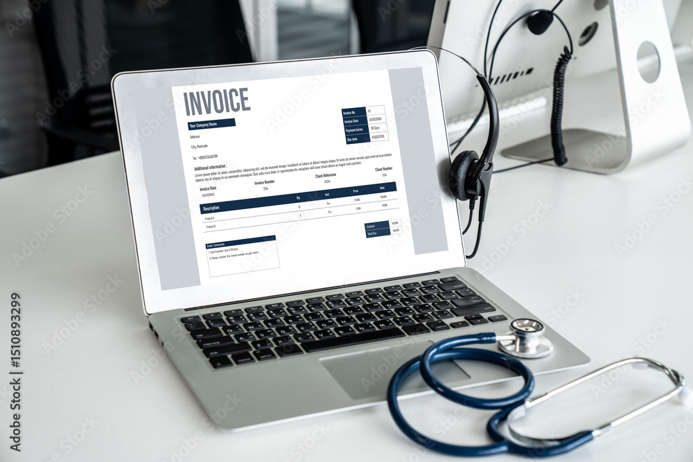 Poster invoice on computer screen from accounting application. computer program for financial and budget of
