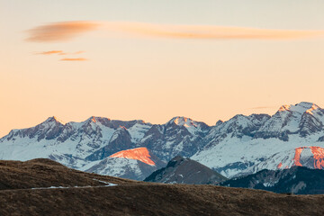 View of the Pic du Midi d'Ossau, seen from the Pourtalet Pass, at sunset, during a clear winter...