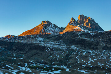 View of the Pic du Midi d'Ossau, seen from the Pourtalet Pass, at sunset, during a clear winter...