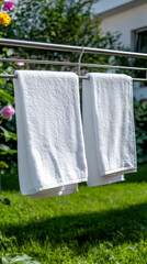 Modern outdoor laundry drying rack with crisp white towels hanging in sunlit backyard setting ideal for homecare and lifestyle content