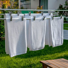 Modern outdoor laundry drying rack with crisp white towels hanging in sunlit backyard setting ideal for homecare and lifestyle content
