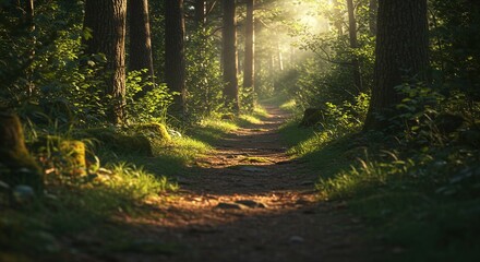 Fototapeta premium Pathway to Serenity: A sun-dappled path meanders through a tranquil forest, inviting viewers to wander amidst the towering trees and bask in the serene beauty of nature.