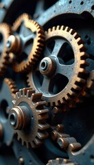 Close-up view of intricately shaped metal gears, cogs, and components of a complex machine, reflecting industrial design and precision engineering , equipment, technology, cog
