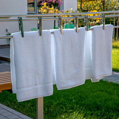 Modern outdoor laundry drying rack with crisp white towels hanging in sunlit backyard setting ideal for homecare and lifestyle content