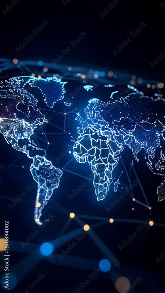 Poster digital world map outline with interconnected nodes, glowing and networked on a dark background symb
