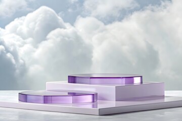 Lavender glass and white platform display against cloudy sky