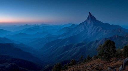 Mountain silhouette under twilight sky, serene blue tones blending into dusk, nature's quiet grandeur