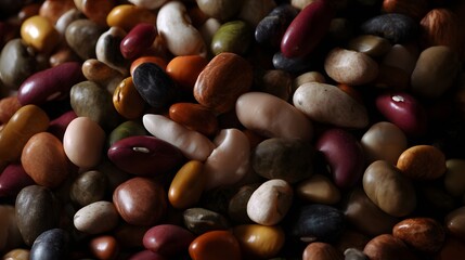 Harmony of Beans: An inviting composition of various beans, showcasing a rich diversity of shapes, colors, and textures, presented in a well-lit arrangement that is sure to entice and fascinate.