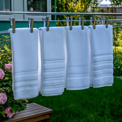Modern outdoor laundry drying rack with crisp white towels hanging in sunlit backyard setting ideal for homecare and lifestyle content