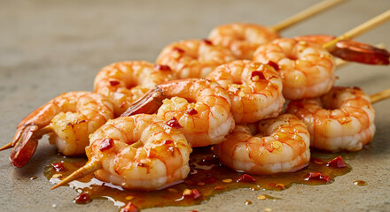 A close up of grilled shrimp skewers drizzled with a sauce and sprinkled with red pepper flakes