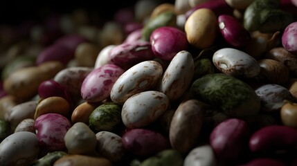 Bean Varieties: A close-up shot revealing a vibrant medley of colorful beans, showcasing the natural beauty and diverse range of legumes, perfect for culinary creations. 