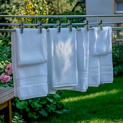 Modern outdoor laundry drying rack with crisp white towels hanging in sunlit backyard setting ideal for homecare and lifestyle content