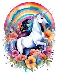 Unicorn head in wreath of flowers. Watercolor vector illustration