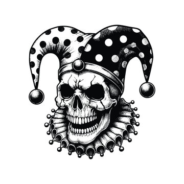 skull with jester hat, black and white vector sketch illustration