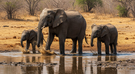 A family of elephants wading through a muddy watering hole on a dry african landscape together today