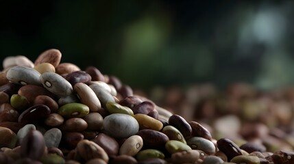 Diverse Bean Varieties: A close-up showcases a vibrant medley of diverse bean varieties, offering a visual feast of textures and colors, set against a blurred natural backdrop.