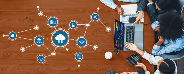 Panorama top view multiracial analyst team use BI dashboard display on laptop screen, analyzing...