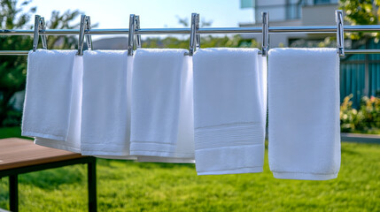 Modern outdoor laundry drying rack with crisp white towels hanging in sunlit backyard setting ideal for homecare and lifestyle content
