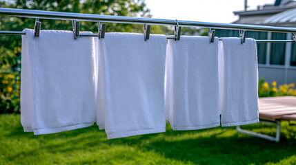 Modern outdoor laundry drying rack with crisp white towels hanging in sunlit backyard setting ideal for homecare and lifestyle content