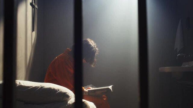 Young inmate in orange uniform sitting on bed and reading book under beam of light inside small prison cell
