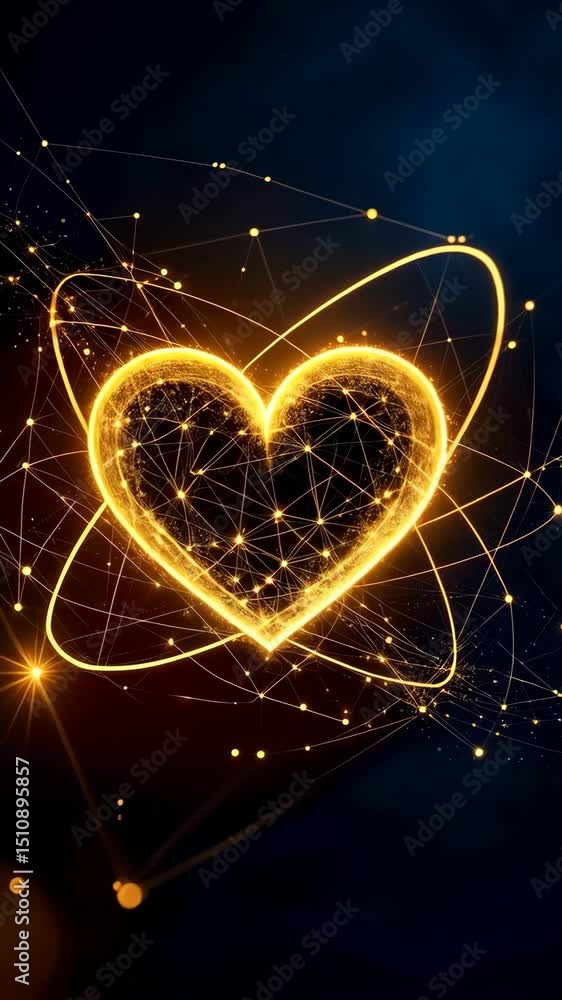 Poster glowing heart formed by network of light points and orbiting rings on dark background
