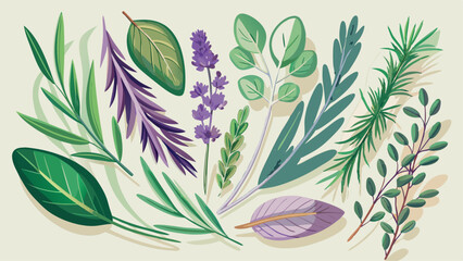 A flat lay composition features sage leaves, lavender sprigs, and rosemary branches delicately arranged on a light, neutral surface. The soft green hues of sage, the muted purple tones of lavender, an