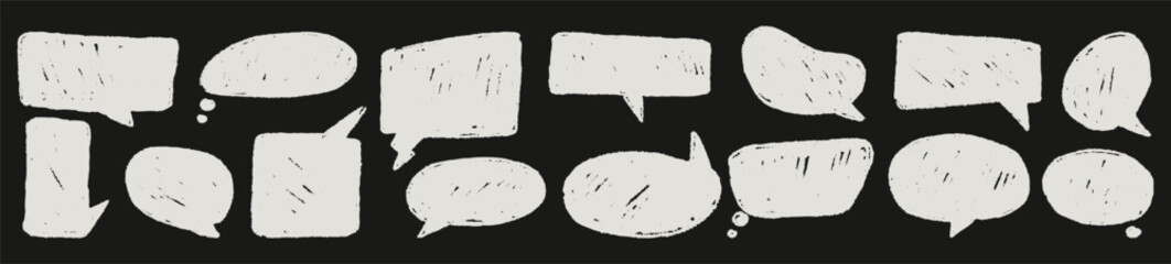 Empty speech bubble text box set. Hand drawn grunge chalk doodle speak icon dialog balloons frame. Crayon, charcoal scribble cloud message with various shapes vector illustration.