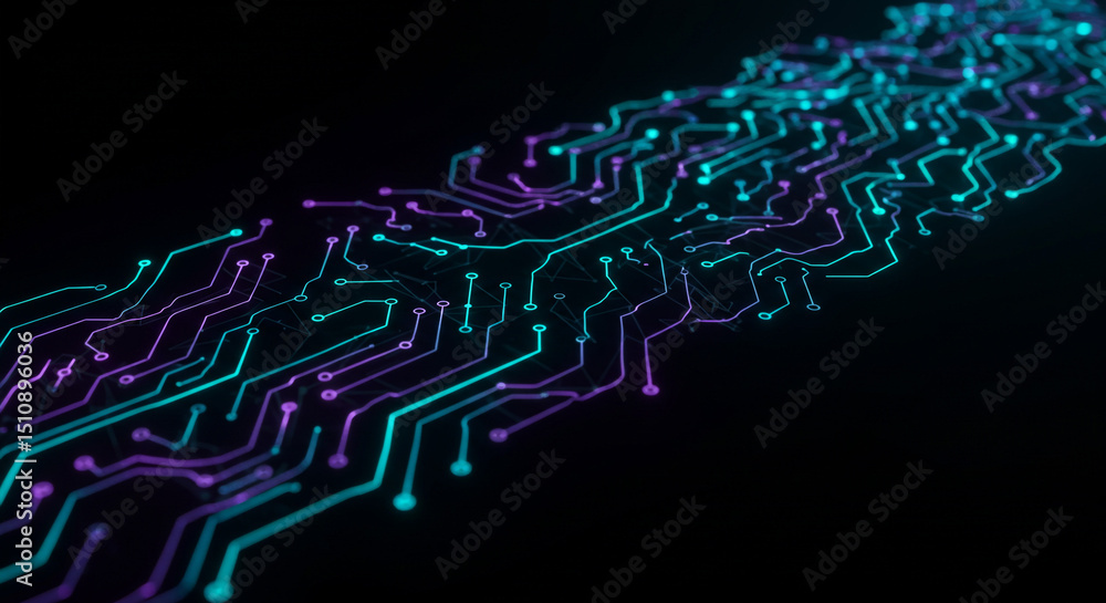 Poster a close up of a circuit board with blue and purple lines on a black background in a dark setting