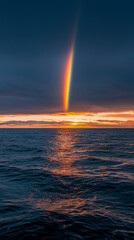 Vibrant Rainbow Over Calm Ocean Waters at Sunset for Weather and Nature Photography Marketing