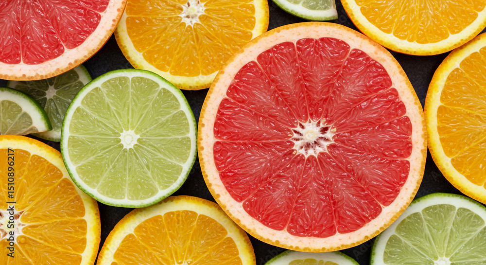 Poster a close up of citrus fruit slices including grapefruit oranges and limes arranged on a dark surface