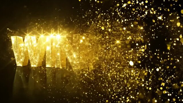Winner text in golden font with sparkling confetti on dark background showing celebration victory or success in event or entertainment visuals