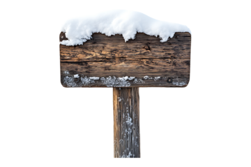 Snowy wooden signboard isolated on transparent background