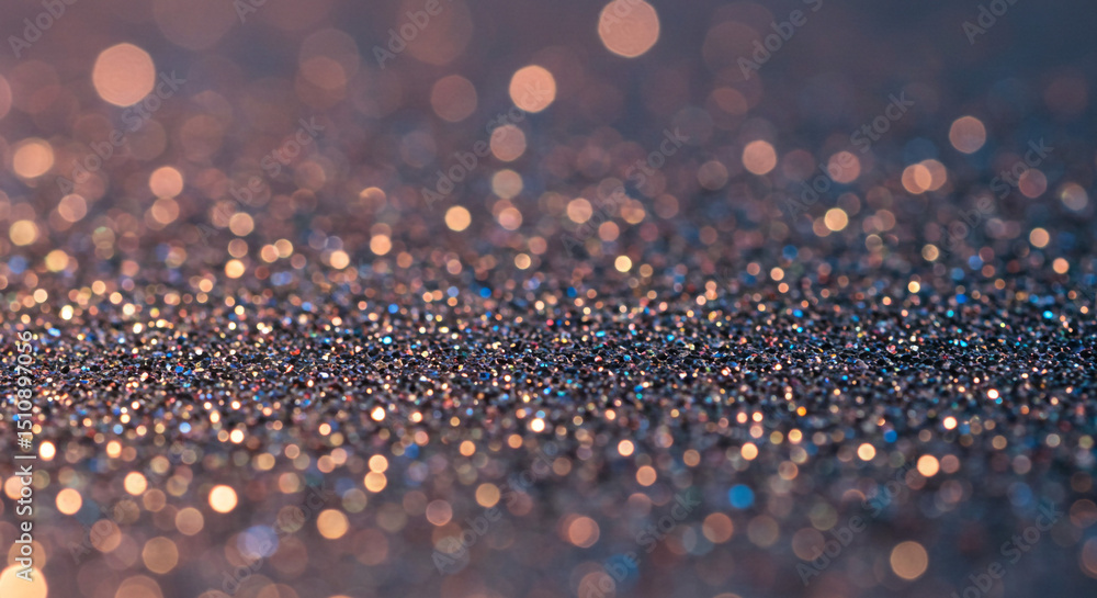 Poster close up view of sparkling glitter with bokeh lights creating a magical and festive atmosphere scene