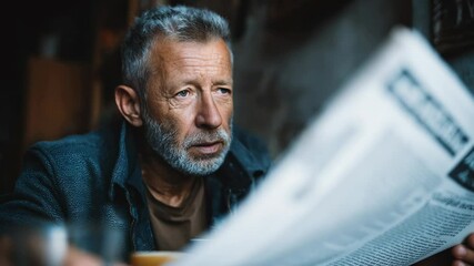 A thoughtful senior man reads the news in a dimly lit setting. He appears focused, surrounded by the details of his surroundings.