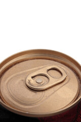 Macro Close Up Of A Dusty Golden Aluminum Beverage Can Top With Ring Pull Tab. Isolated On White Background.