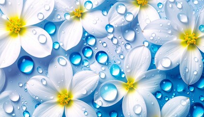White flowers with yellow centers are covered in water droplets. The background is a soft blue, giving a fresh and serene appearance.