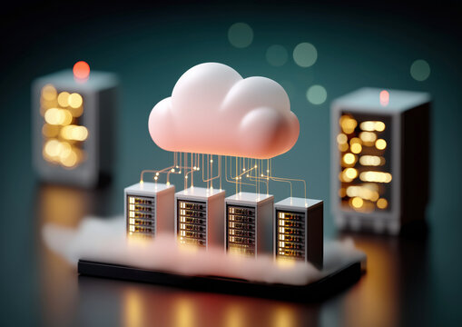 Cloud computing concept with server racks and virtual data storage visualization - Powered by Adobe