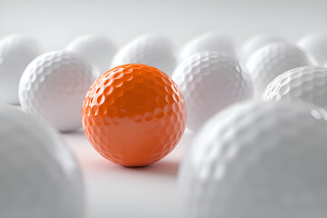 Orange golf ball standing out among white golf balls
