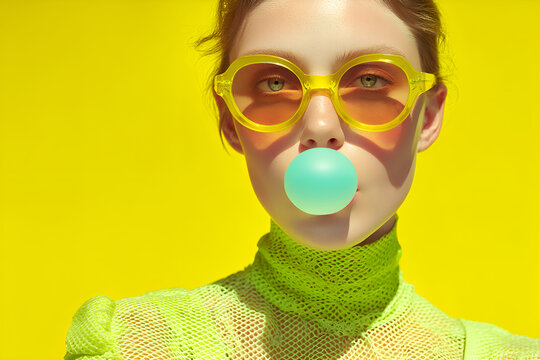 Fashion model blowing bubblegum with yellow sunglasses and green outfit