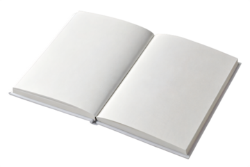 Open blank book with white pages isolated on transparent background, perfect for adding your text or graphics