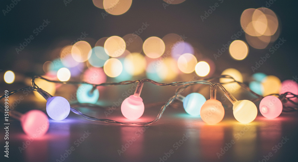 Poster close up of colorful string lights with blurred lights in the background on a dark surface