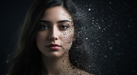 Portrait of a woman with long dark hair and particles dissolving away on a dark background in studio