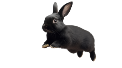Happy black rabbit jumping on white background