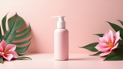 White cosmetic bottle with pump on pink background with tropical leaves and flowers. Skincare mockup, spa concept, beauty packaging, natural cosmetics, body care product, lotion or cream container.