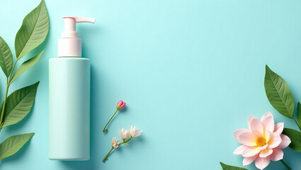 Cosmetic bottle with pump on light blue background with flowers and leaves. Skincare mockup, spa banner, beauty product design, organic cosmetics packaging, cream or lotion container, clean minimalist
